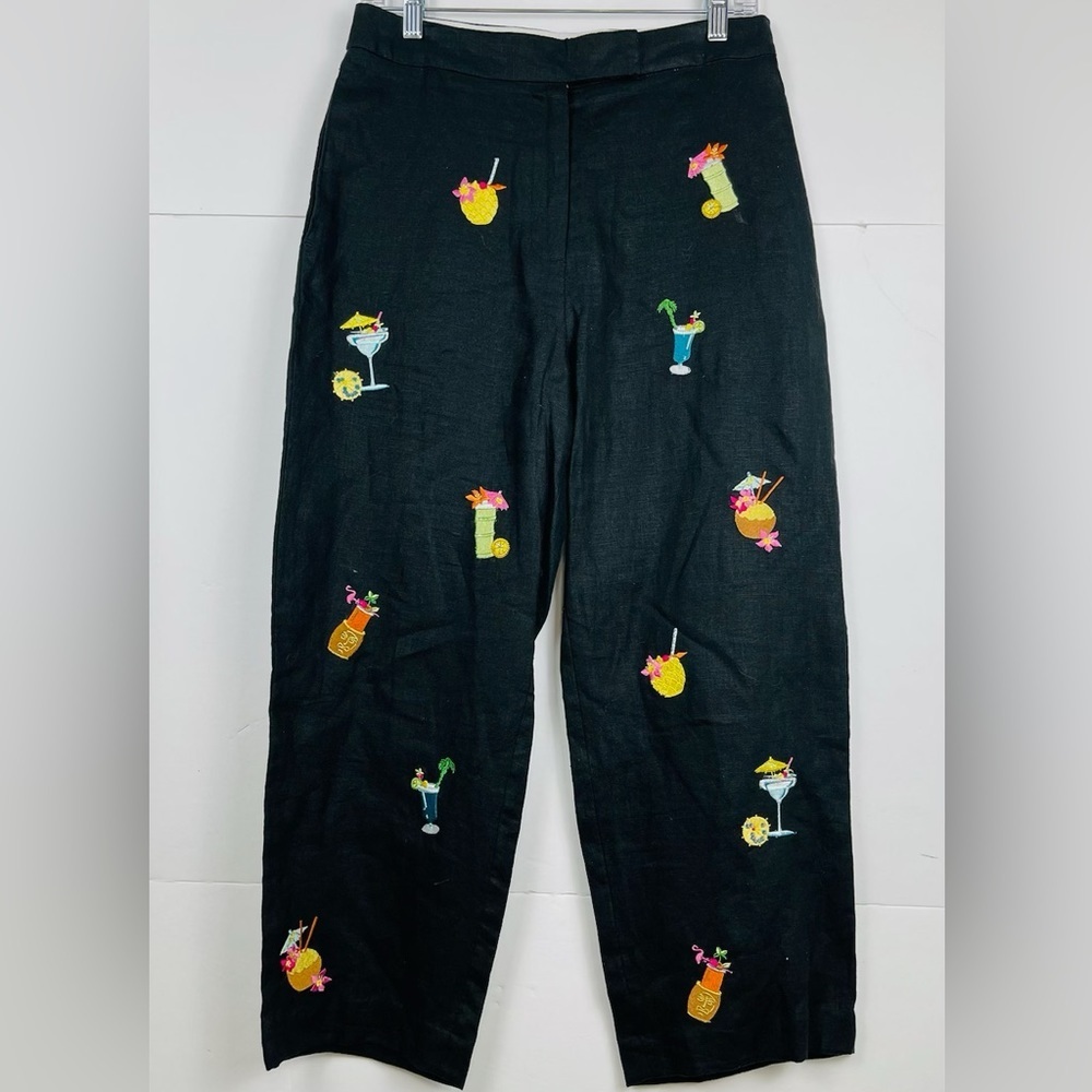 Saint Tropez West Black Linen Cropped Pants Size 8 Embroidered Tropical Drinks